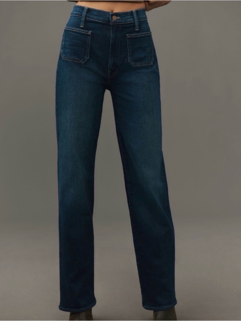 Mother The Lil Rambler Patch Pocket High Waist Straight Leg Jeans Blue Waist 27